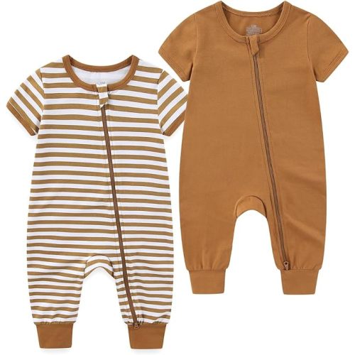 BIGBIGKISS Baby Boy Girl 2 Pack Romper Infant Short Sleeve 2 Way Zipper One Piece Jumpsuits Newborn Clothes 0-24 Months