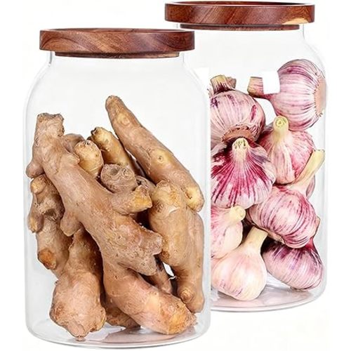 SAIOOL 1 Gallon Glass Jar with Wooden Acacia Airtight Lid,Large Glass Storage Jar set of 2, BPA-Free Cereal Dispenser Jars for flour,Spaghetti Pasta, Powder, Tea, Coffee
