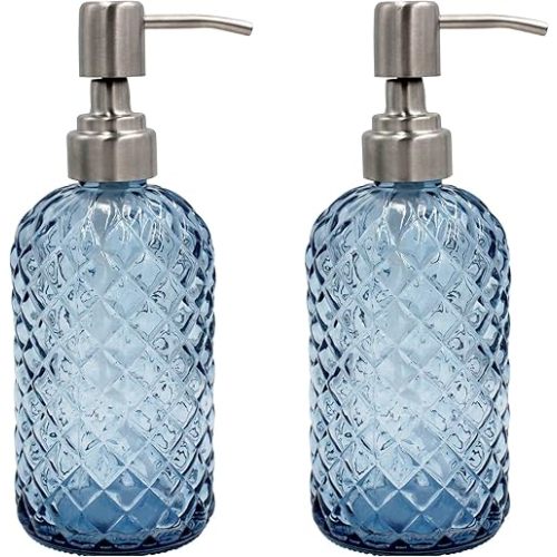 16 oz Diamond Pattern Glass Soap Dispenser, Kitchen and Bathroom Refillable Soap Dispenser with Rust Resistant Stainless Steel Pump for Hand Soap, Lotion Glass Liquid Dispenser(Blue - 2 Pack)
