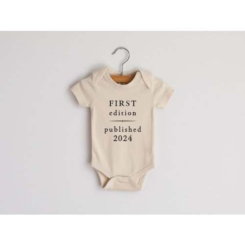 First Edition Published 2024 or 2025 Vintage Book Page Organic Baby Bodysuit • Modern Neutral Baby Outfit • Hand-Printed Bodysuit in Cream