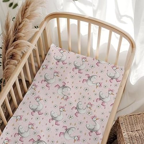 Cute Geese Boot Bows Pink Fitted Baby Crib Sheet for Boys Girls 52x28Inch Breathable Spring Daisy Floral Baby Sheet for Standard Crib and Toddler Bed Mattress Farm Animal Toddler Bed Sheet