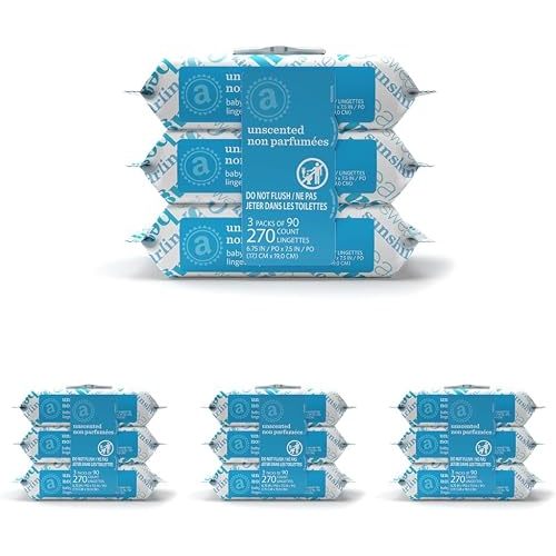 Amazon Elements Baby Wipes, Unscented, Hypoallergenic, Alcohol-Free, 270 Count, Flip-Top Packs (Pack of 4)