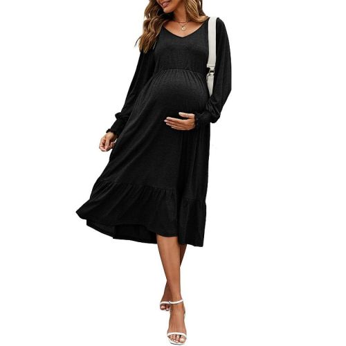 Womens Maternity Dress Puff Long Sleeve V Neck Pleated Flare Midi Flowy Dress