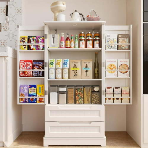 Pantry Cabinet, Lofka 47" Modern Kitchen Pantry Storage Cabinet with 2 Shelves, 2 Drawers & 6 Side Door Shelves - Durable, Moisture-Resistant & Easy to Install