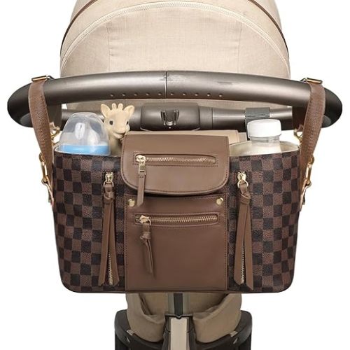 miss fong Checkered Stroller Caddy with Insulated Cup Holder Universal Stroller Organizer Bag Baby Storage Bag with Adjustable Strap, Fits for Baby Carriage like Uppababy, Baby Jogger, Umbrella