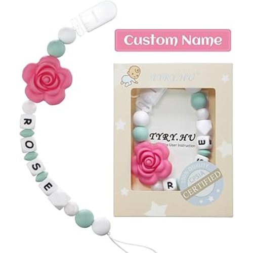 Personalized Pacifier Clip with Name, Customized Pacifier Clip Fits All Pacifiers, Binky Holder Soothie Paci Clip, Handmade Baby Birthday Gift for Boys and Girls, Rose
