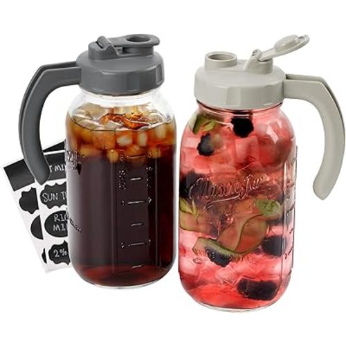 Soligt Glass Mason Jar Pitcher with Lid, Wide Mouth Flip Cap Pour Spout Leak-proof Lid with Handle, 64 oz/2 Quart, for Iced Coffee/Sun Tea Juice/Cold Brew/Milk (2 Pack, Dark Gray + Light Gray)