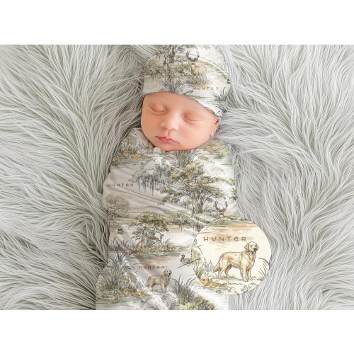 Hunting Baby Boy Nursery Personalized Swaddle Blanket Southern Toile Deer Duck Labrador Print Neutral Heirloom Newborn Shower Gift for Dad