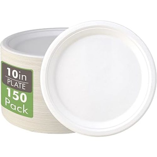 Vplus 150 Pack Compostable Disposable Paper Plates 10.25 inch Super Strong Paper Plates 100% Bagasse Natural Biodegradable Eco-Friendly Sugarcane(white)