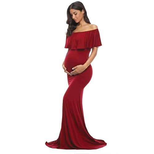 Glampunch Womens Off Shoulder Maternity Dress Ruffles Elegant Slim Gowns Fit Maxi Photography Dress