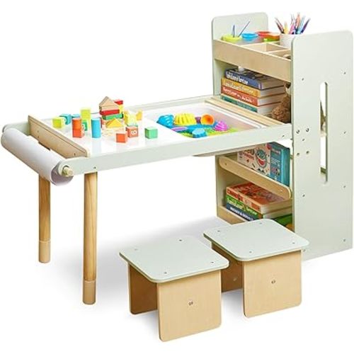Kids Sensory Table and Chairs Set, Sand & Water Table for Kids Ages 3-8, Toddlers Activity Table for Play Study, Craft Desk with Large Storage Bins & Shelves, Kids Art Desk with Blackboard Whiteboard