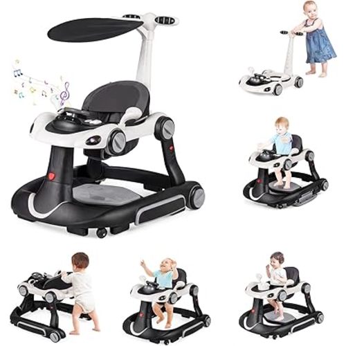 HONEY JOY Baby Walker, 7-in-1 Foldable Baby Bouncer and Rocker Combo, Infant Activity Center w/Canopy, Wheels, Adjustable Height/Speed, Music, Lights, Walker for Baby Boy Girl 7-18 Months (Black)