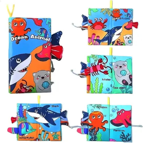 Baby Cloth Book Toys with Tails, Stroller Soft Toys for Infant Baby 0-18 Months (Marine Animals)