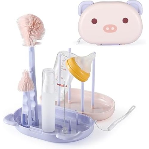 VOOWO Baby Bottle Brush & Drying Rack, Portable Travel Kit - Silicone Bottle & Nipple Brush Set, Straw Cleaner (Purple)