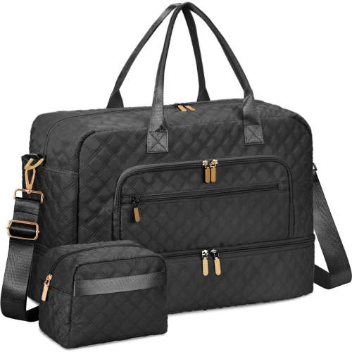 Livhil 2pcs Womens Overnight Bag, Carry on Weekender Bag with Shoe Compartment for Business Trips Sport Hospital, Black