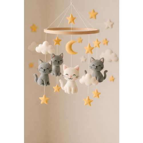Felt Cat Baby Mobile – Neutral Nursery Decor – Handmade Moon and Stars Mobile – Gray and White Kitten Theme – Baby Shower Gift