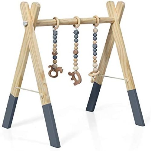 BABY JOY Portable Wooden Baby Gym, Foldable Baby Play Gym Frame with 3 Wooden Baby Teething Toys, Baby Exercise Activity Gym Hanging Bar Newborn Baby Gift (Gray)