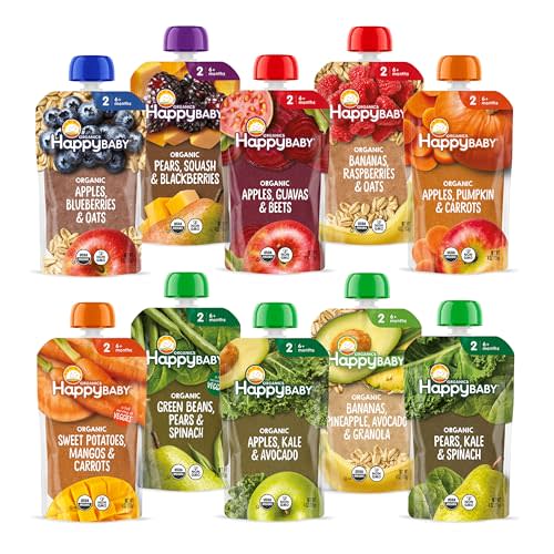 HAPPY BABY Clearly Crafted, Stage 2, Fruit & Veggie Variety Pack, 4oz (10) | USDA Organic & Vegan Baby Food, Full Serving of Veggies, Gluten-free, Clear Pouch Shows Real Ingredients Inside, Non-GMO