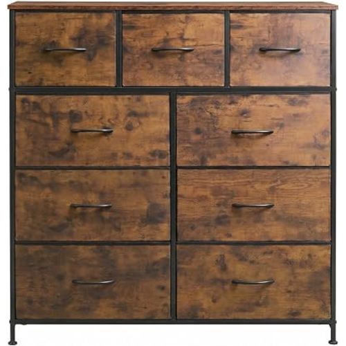 WLIVE Tall Dresser for Bedroom, 9 Drawer Chest of Drawers, Rustic Brown
