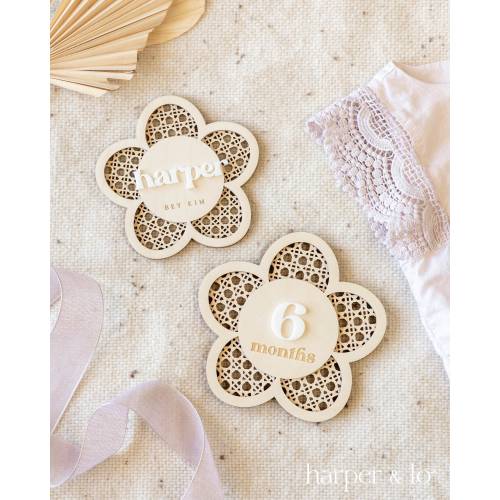Wooden Flower Lattice Milestone Cards | Custom Name Set | Monthly Milestone Marker | Interchangeable Milestone Cards | Boho Rattan Decor
