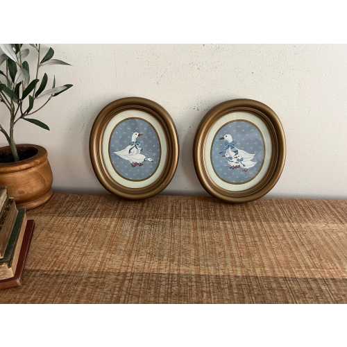 Vintage Gold Oval Blue Geese Homco pictures set of 2