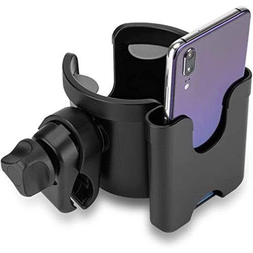Universal Stroller Cup Holder, 2 in 1 Drink Holder with Phone Holder for Uppababy, Nuna,Buggy Pushchair, Wheelchair, Walker, Bike, Scooter(Black)