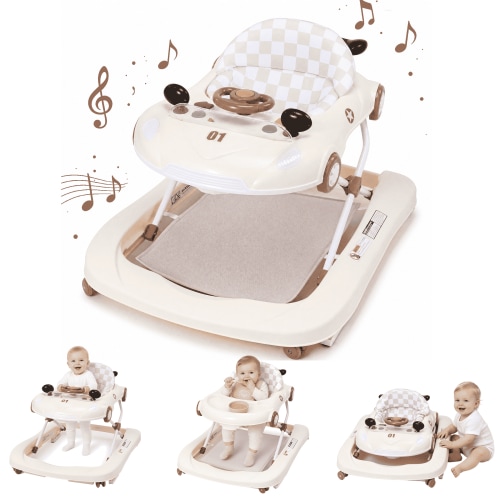 PRVAETU 5 in 1 Baby Walker for Boys Girls, Foldable, Music & Lights, bouncer, Push Walker, Height Adjustable with Wheels for Infants 6-18 Months,Beige