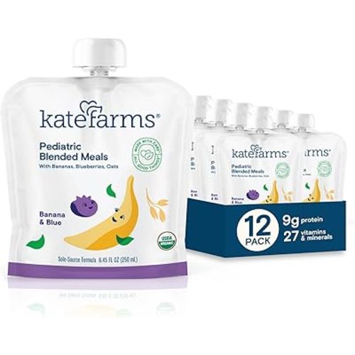KATE FARMS Organic Pediatric Blended Meal, Bananas and Blueberries, 8g protein, organic whole foods, oral or tube feed nutrition, Gluten Free, Non-GMO, 8.45 oz (12 Pack)