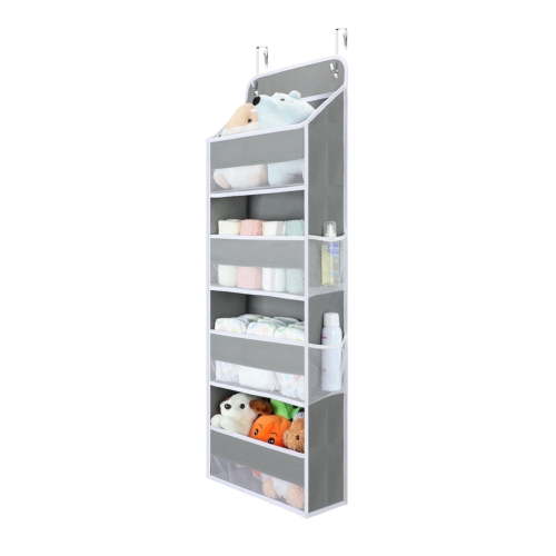DELAMU 4 Tier Hanging Door Organizer, Gray Bathroom Over the Door Storage, Mesh Pockets