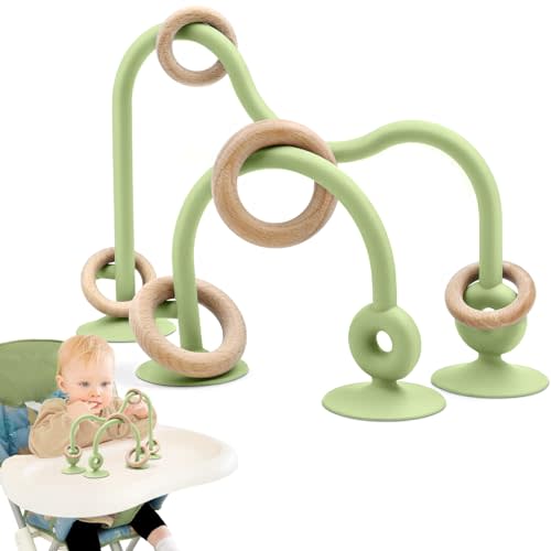 Baby Sensory High Chair Suction Toys for Infant Toddlers 12 18 Months, Food Grade Silicone String with Oak Loop Montessori Educational Parent-Child Baby Bath Toy Gift for Birthday Christmas(Green)