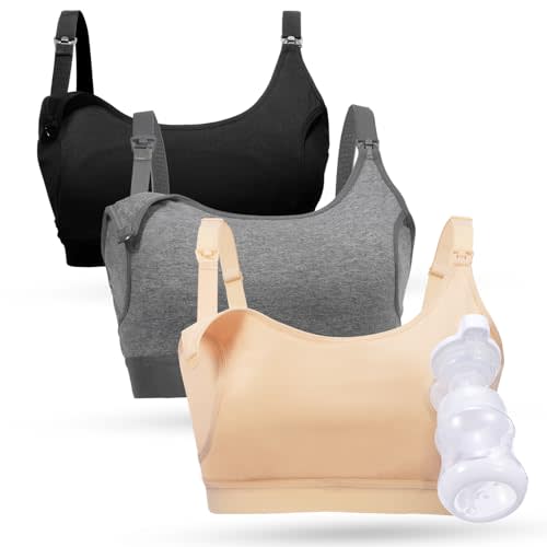 Momcozy Pumping Bra Hands Free, Pumping and Nursing Bra in One Holding Breast Pump for Spectra, Lansinoh, Medela, Black,Grey,skin-3pk, Medium
