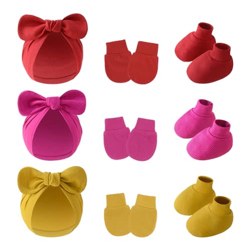 Besforta 9 Pieces Newborn Baby Hat No Scratch Mittens and Socks Set Cotton Infant Hair Bow Turban Beanie Cap