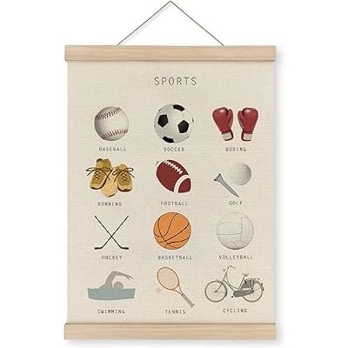 MAQIKA Sports Poster Framed with Wood Hanger,Sports Wall Art，Sports Soccer Football Wall Decor,Sports Baseball Basketball Canvas Wall Art Paints Sports Posters for Man Cave Kids Boys Room 12x16 Inch