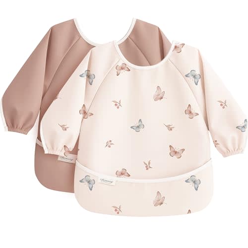 Konssy Long Sleeve Baby Bibs for Eating, Soft-Touch PU Waterproof Feeding Smock with Catch-All Pocket, Full Coverage Bib with Sleeves
