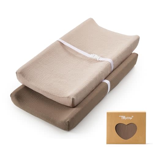TILLYOU Muslin Changing Pad Cover for Baby Girls Boys, Soft and Breathable Cotton Diaper Changing Table Cover, 2 Pack(Brown&Light Brown)
