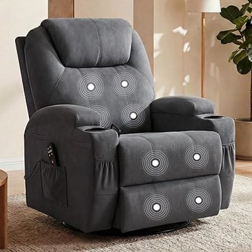 Flamaker Swivel Rocker Recliner, Small Rocking Recliner for Small Spaces,360 Glider Rocking Chair with Vibration Massage, Upholstered Fabric Recliner Chair for Living Room, Nursery (Gray)