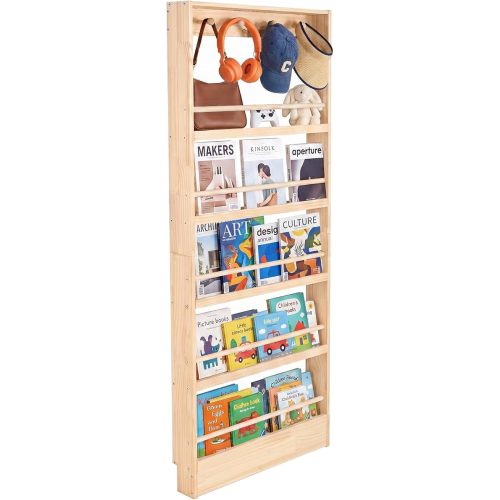 WINGYZ 5-Tier Behind The Door Bookshelf with Hooks, Solid Wooden Wall Shelf