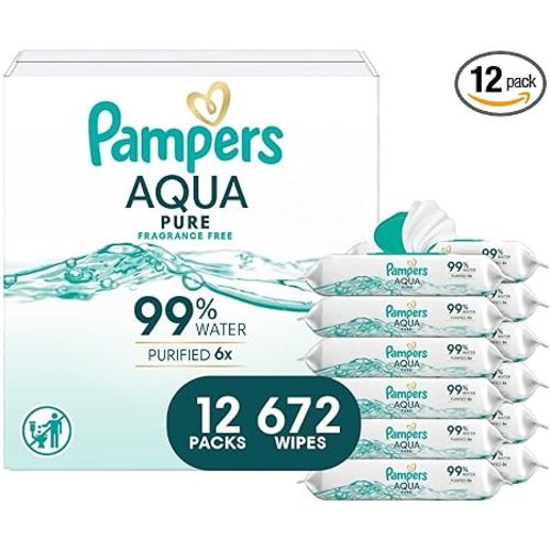 Pampers Baby Wipes Aqua Pure, 99% water-based wipes, Hypoallergenic and Unscented Baby Wipes, 672 Wipes Total (12 Flip-Top Packs)