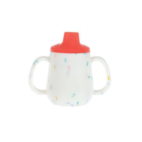 Nuby First Training Cup - Silicone Cup with Free-Flow Spout and Easy-Grip Design - 2 oz - 6+ Months - Coral and Sprinkles