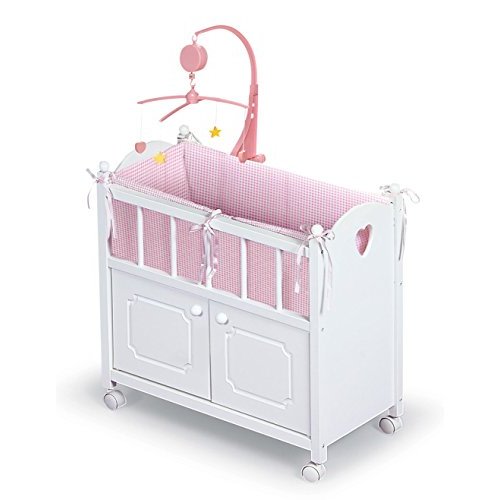 Badger Basket Wooden Toy Doll Bed with Storage, Mobile, and Bedding to Pretend and Play - Includes Wheels and Free Personalization Kit - White with Pink Gingham Fabric