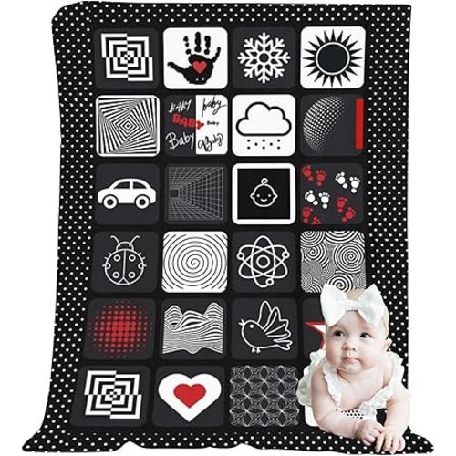 Baby Tummy Time Mat – High Contrast Black White Red Sensory Play Blanket for Newborn Visual Development, Infant Floor Play Area with Sherpa Backing, 50” x 60”