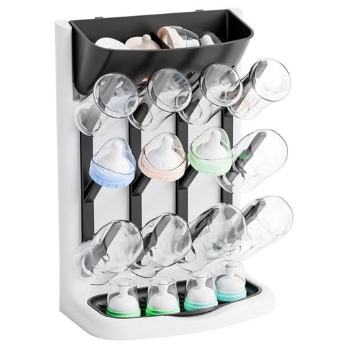 Yieach Larger Vertical Baby Bottle Drying Rack - BPA FREE - Space Saving Feeding Bottles Drying Rack Holder for Countertop,Baby Bottle Holder Storage Station for Pacifiers,Pump Accessories Stand,BLack