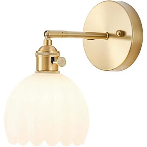 Hardwired Wall Sconce Light, Vintage Wall Sconce with Switch, Gold Wall Light Fixture with Tulip Milk White Glass Lampshade, Indoor Wall Light for Bedroom Bathroom, Bedside Wall Lamp