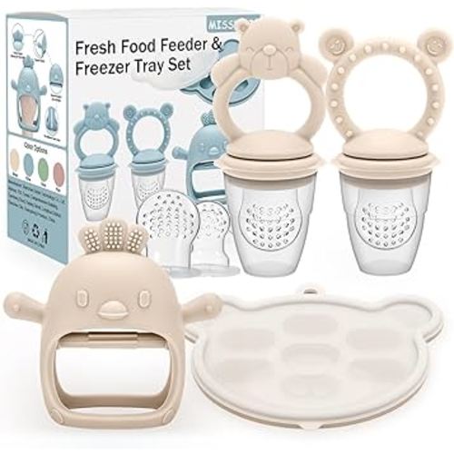 4 Pack Silicone Teething Mitten for Babies with Baby Fruit Food Feeder & Freezer Tray Set, BPA Free Infant Teething Relief Toy for 3 Month+, Additional Silicone Sacs