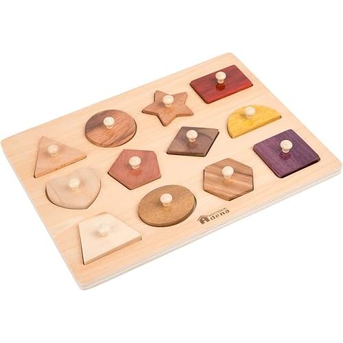 Adena Montessori Wooden Puzzles for Toddlers 1-2, 12 Piece Shape Peg Board with Knobs Educational Learning Toys for 1-2 Year Old Natural Wood Shape Sorter for Babies Durable Montessori Toys