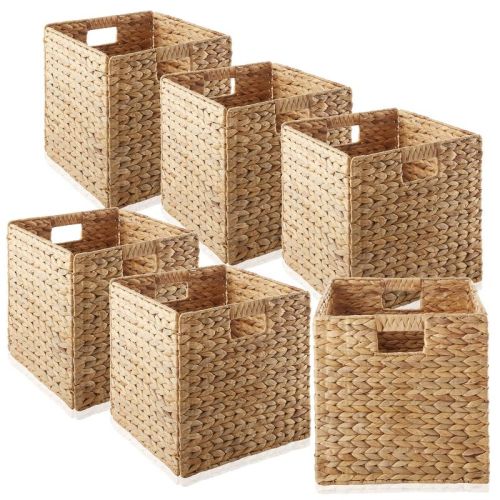Casafield 12" x 12" Water Hyacinth Storage Baskets, Natural - Set of 6 Collapsible Cubes, Woven Bin Organizers for Bathroom, Bedroom, Laundry, Pantry