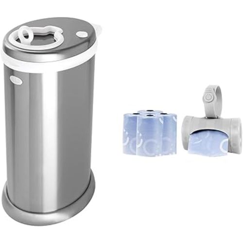 Ubbi Steel Diaper Pail, Odor Locking, No Special Bag Required & On The Go Gray Bag Dispenser with Lavender Scented Refills Baby Bundle