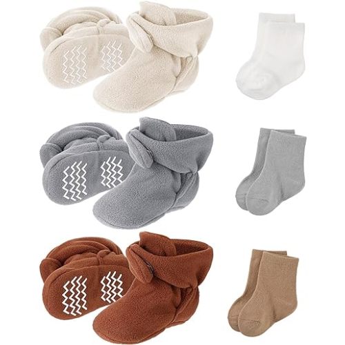 SATINIOR 3 Pairs Unisex Cozy Fleece Baby Booties with 3 Pairs Infant Cotton Socks