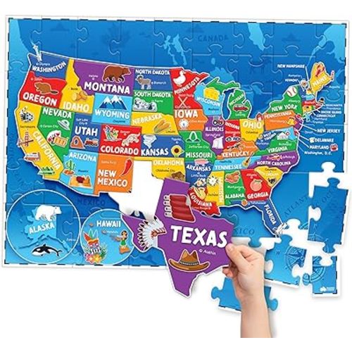 United States Puzzles for Kids Ages 4-6, 6-8, 3-5 - Educational Toys for Boys & Girls - 70Pcs USA Map Kids Puzzles with 50 States & Capitals - Floor Jigsaw Kids Puzzle - Learning Activities Gifts