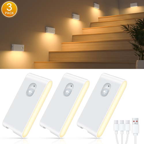 WILLED Rechargeable Motion Sensor Night Lights, Battery Operated Stair Lights Indoor, Soft Warm White Stick on Motion Activated LED Night Lights for Hallway Stairway Bathroom Bedroom Kitchen, 3 Pack